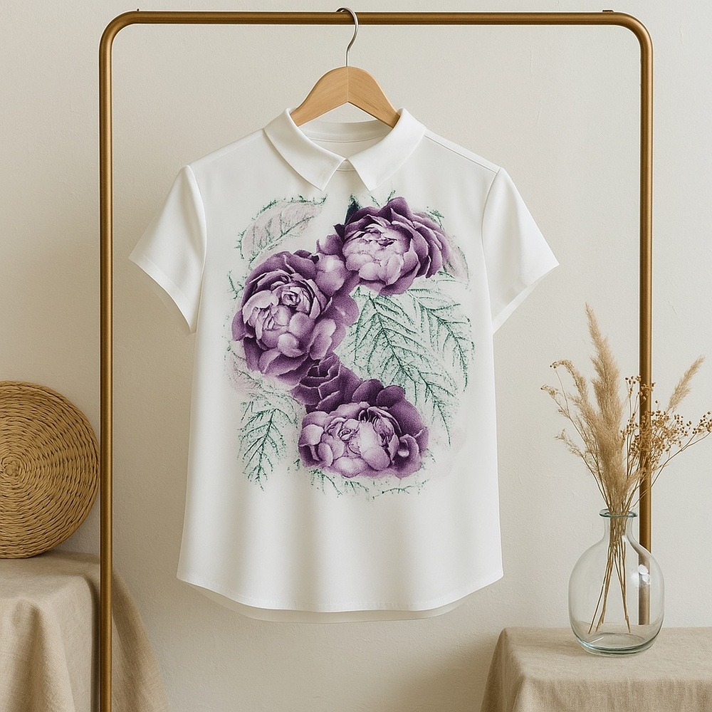 Women’s Creamy blouse with purple accent flower size xsmall